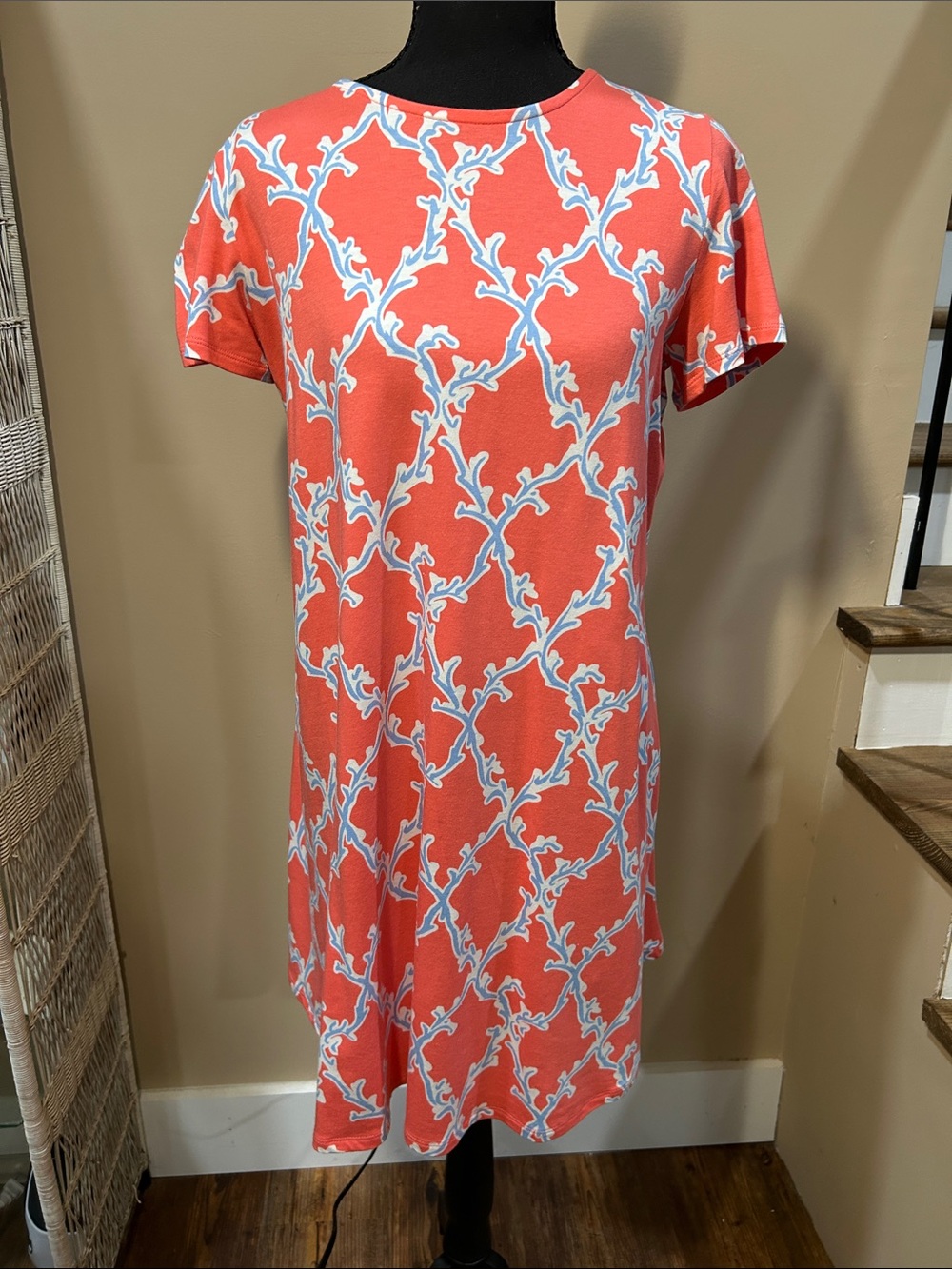 crown & ivy  Small Coral Midi Dress with White and Light Blue Lattice Print LN